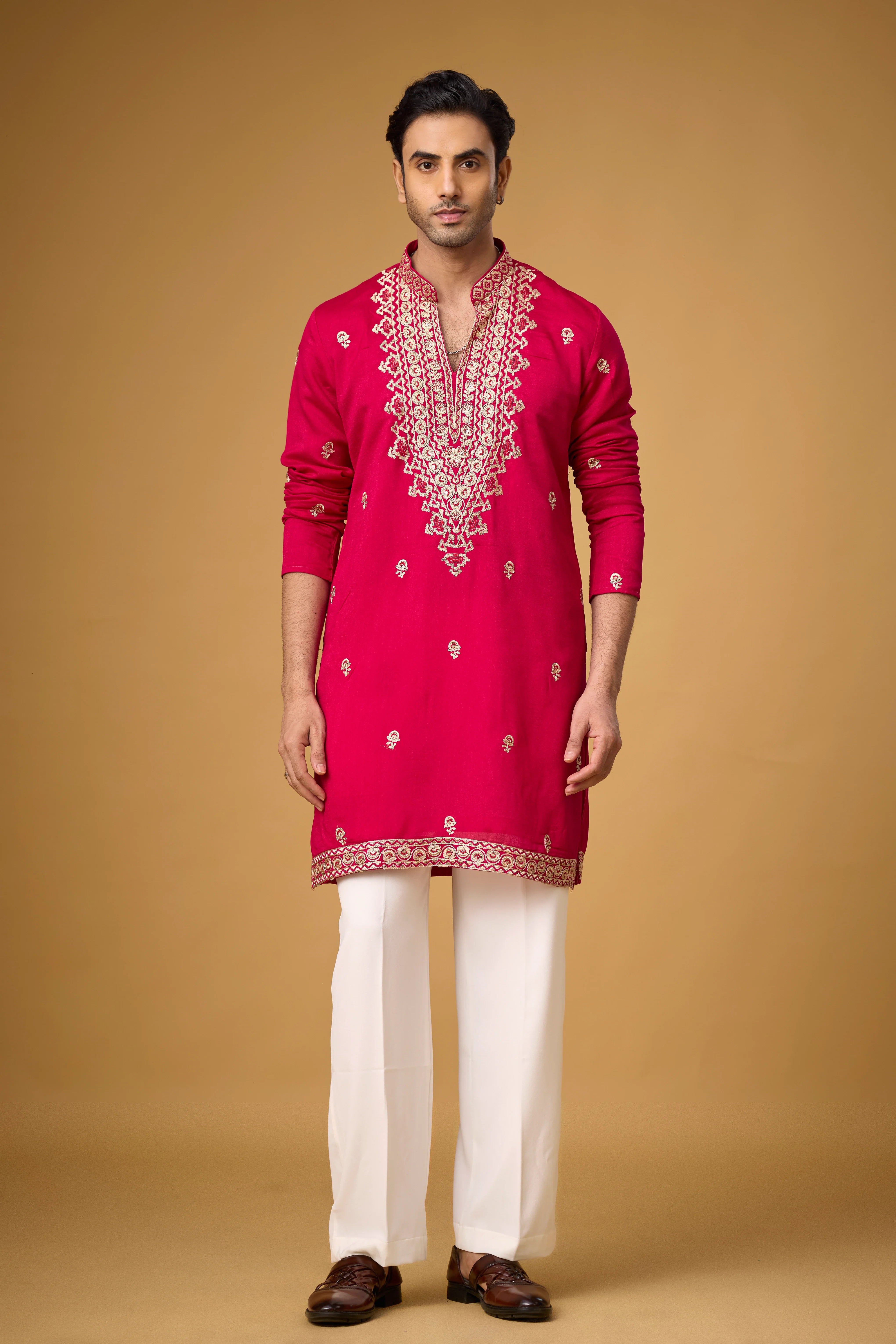 Ruby Magenta Heritage Embroidered Kurta Set for Men | Mahavir NX