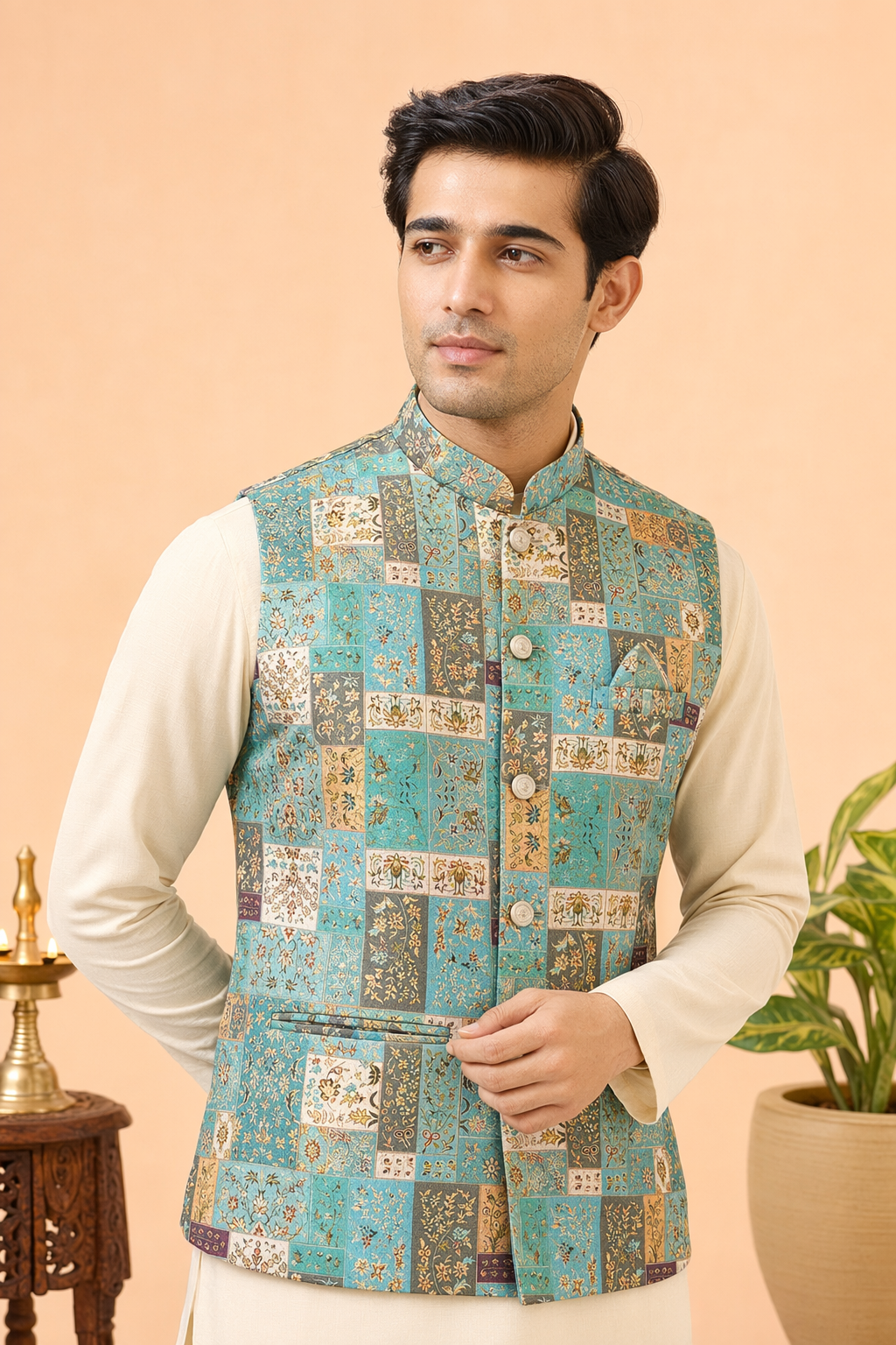 Aqua Printed Koti for Men – Pooja Wear | Mahavir NX