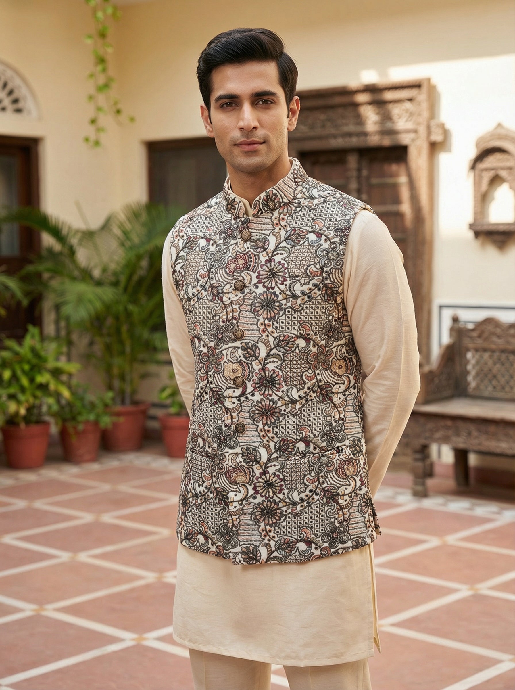Ivory Mirror Work Nehru Koti for Men – Mahavir NX
