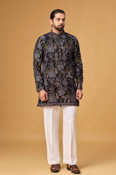 Midnight Navy Blue Floral Embroidered Kurta Set for Men | Mahavir NX