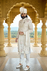 Ivory Pastel Embroidered Groom Sherwani with Belt & Dupatta