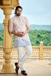 Peach Blue Shaded Floral Embroidered Nehru Jacket Set