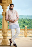 Peach Blue Shaded Floral Embroidered Nehru Jacket Set