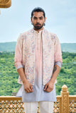 Peach Blue Shaded Floral Embroidered Nehru Jacket Set