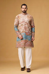 Cream Regal Scenic Patterned Kurta Set for Men | Mahavir NX