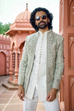 Pista Green Embroidered Indo-Western for Men