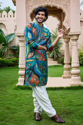 Teal Abstract Mirror Work Kurta