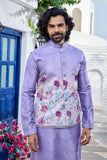 Lavender Silk Kurta Set with Floral Printed Jacket