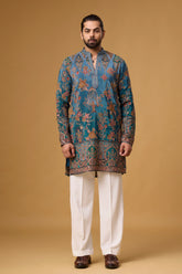 Regal Teal Floral Heritage Embroidered Kurta Set for Men | Mahavir NX