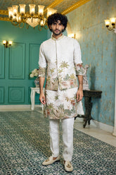 Natural Shade Linen Kurta Set with Printed Jacket