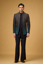 Midnight Teal Shimmer Embellished Indo-Western Ensemble