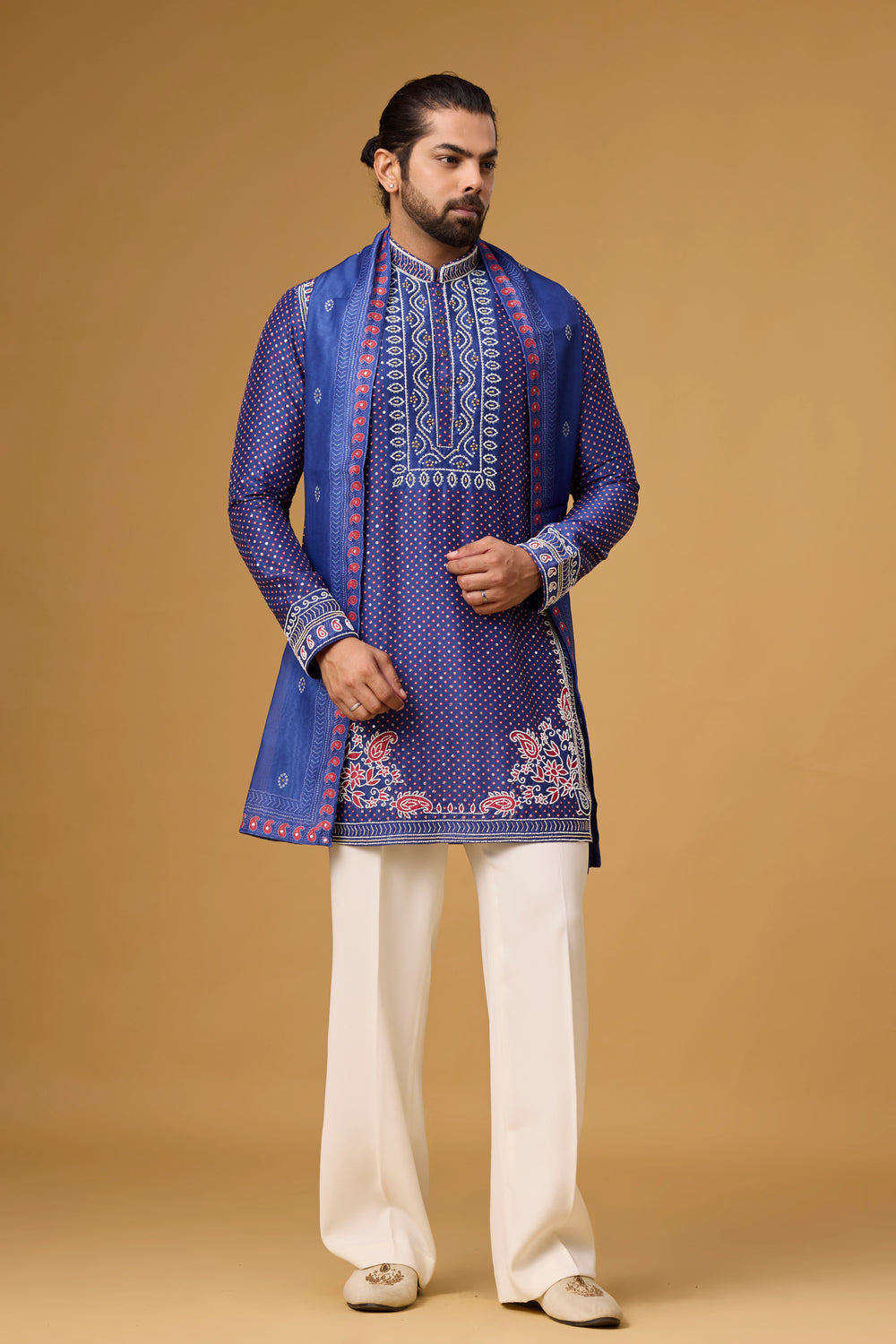 Royal Sapphire Printed Kurta with Heritage Stole for Men | Mahavir NX