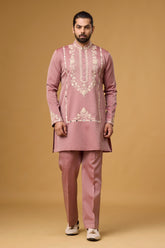 Dusty Rose Heritage Floral Embroidered Kurta Set for Men | Mahavir NX