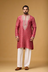 Rosewood Pink Embroidered Heritage Kurta Set for Men | Mahavir NX