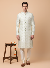 Regal Ivory Cream Jacquard Wedding Indo Western for Men