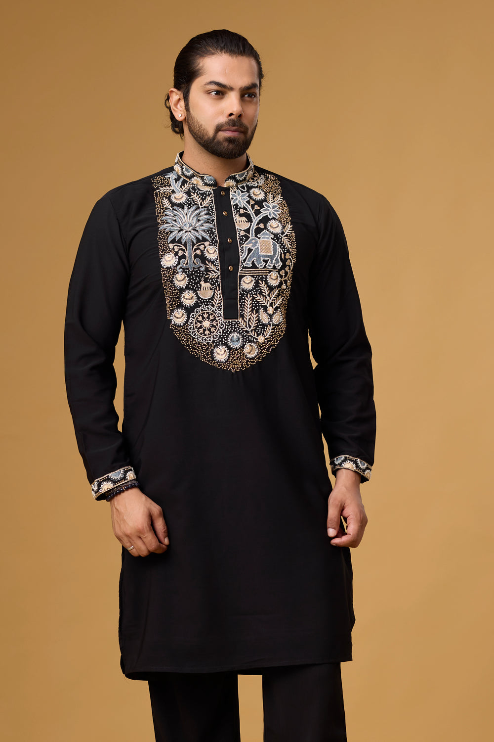 Midnight Black Regal Motif Embroidered Kurta Set for Men | Mahavir NX
