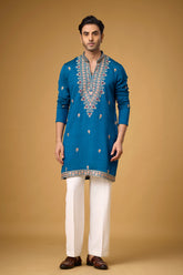 Regal Teal Blue Heritage Embroidered Kurta for Men | Mahavir NX