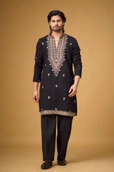 Midnight Black Heritage Motif Embroidered Kurta for Men | Mahavir NX