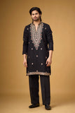 Midnight Black Heritage Motif Embroidered Kurta