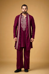 Royal Burgundy Embroidered Kurta Set with Stole for Men | Mahavir NX