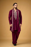Royal Burgundy Embroidered Kurta Set with Stole