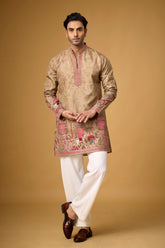 Champagne Beige Heritage Story Embroidered Kurta Set for Men | Mahavir NX