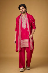 Royal Fuchsia Embroidered Kurta Set with Stole for Men | Mahavir NX