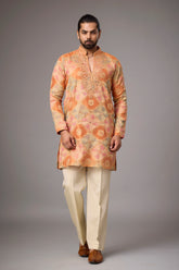 Peach Gold Artisanal Embroidered Kurta Set for Men | Mahavir NX