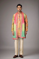 Mustard Heritage Floral Kurta Set with Multicolour Stole for Men | Mahavir NX