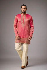 Coral Pink Regal Brocade Kurta Set for Men | Mahavir NX
