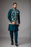 Emerald Teal Floral Embroidered Jacket Kurta Set