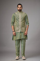 Olive Sage Embroidered Jacket Kurta Set