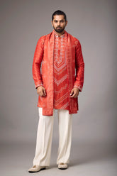 Coral Red Heritage Embroidered Kurta with Stole for Men | Mahavir NX