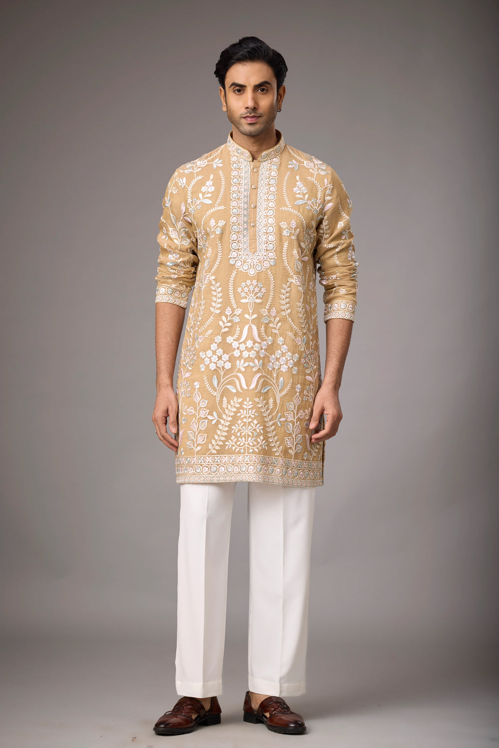 Sandstone Gold Floral Heritage Kurta Set for Men | Mahavir NX