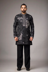 Midnight Black Floral Embroidered Kurta Set for Men | Mahavir NX