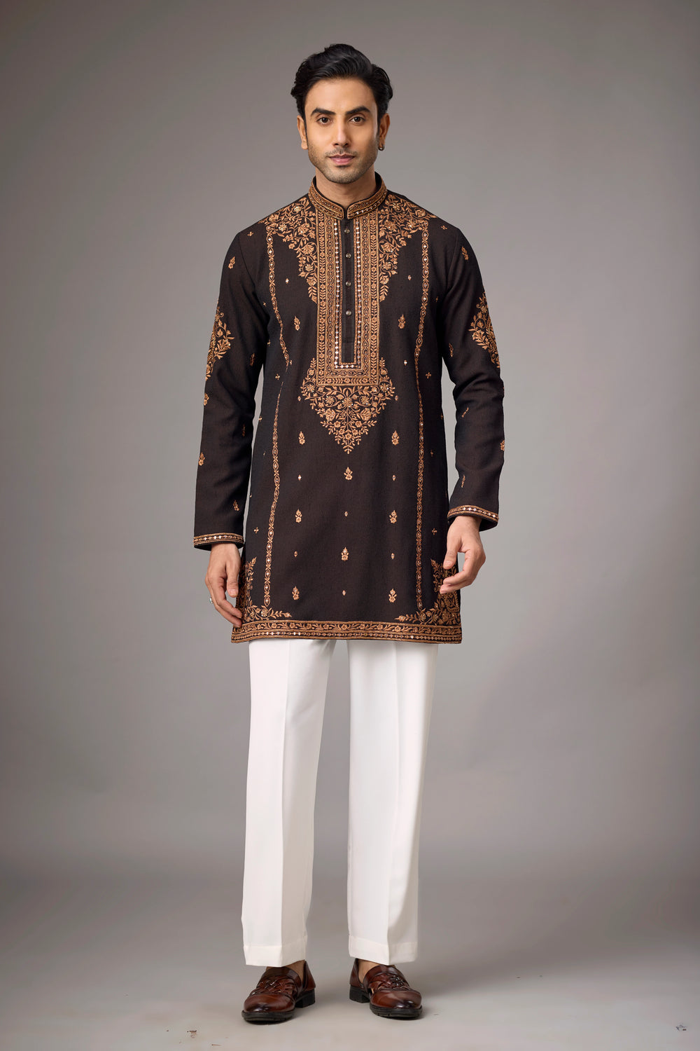 Dark Brown Regal Floral Embroidered Kurta Set for Men | Mahavir NX