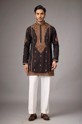 Dark Brown Regal Floral Embroidered Kurta Set for Men | Mahavir NX