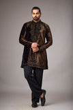 Chocolate Brown Velvet-Look Floral Embroidered Kurta Set