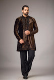 Chocolate Brown Velvet-Look Floral Embroidered Kurta Set