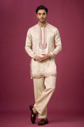Ivory Rosé Heritage Embroidered Kurta Set for Men | Mahavir NX