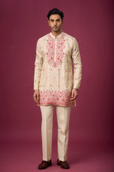 Ivory Rosé Floral Embroidered Kurta Set for Men | Mahavir NX