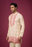 Pink Coral Floral Border Kurta Set – Wedding & Haldi Wear | Mahavir NX