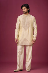 Champagne Gold Heritage Embroidered Kurta Set for Men | Mahavir NX