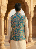 Teal Green Floral Embroidered Nehru Koti for Men