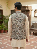 Ivory & Brown Floral Pattern Nehru Koti for Men