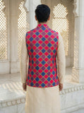 Rani Pink & Royal Blue Geometric Pattern Nehru Koti for Men