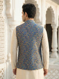 Royal Blue Floral Print Nehru Koti for Men