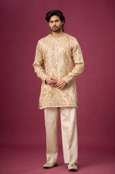 Champagne Beige Floral Elegance Kurta Set for Men | Mahavir NX