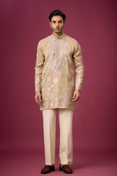 Champagne Beige Mirrorwork Heritage Kurta Set for Men | Mahavir NX