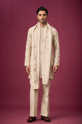 Champagne Beige Regal Peacock Motif Kurta Set for Men | Mahavir NX
